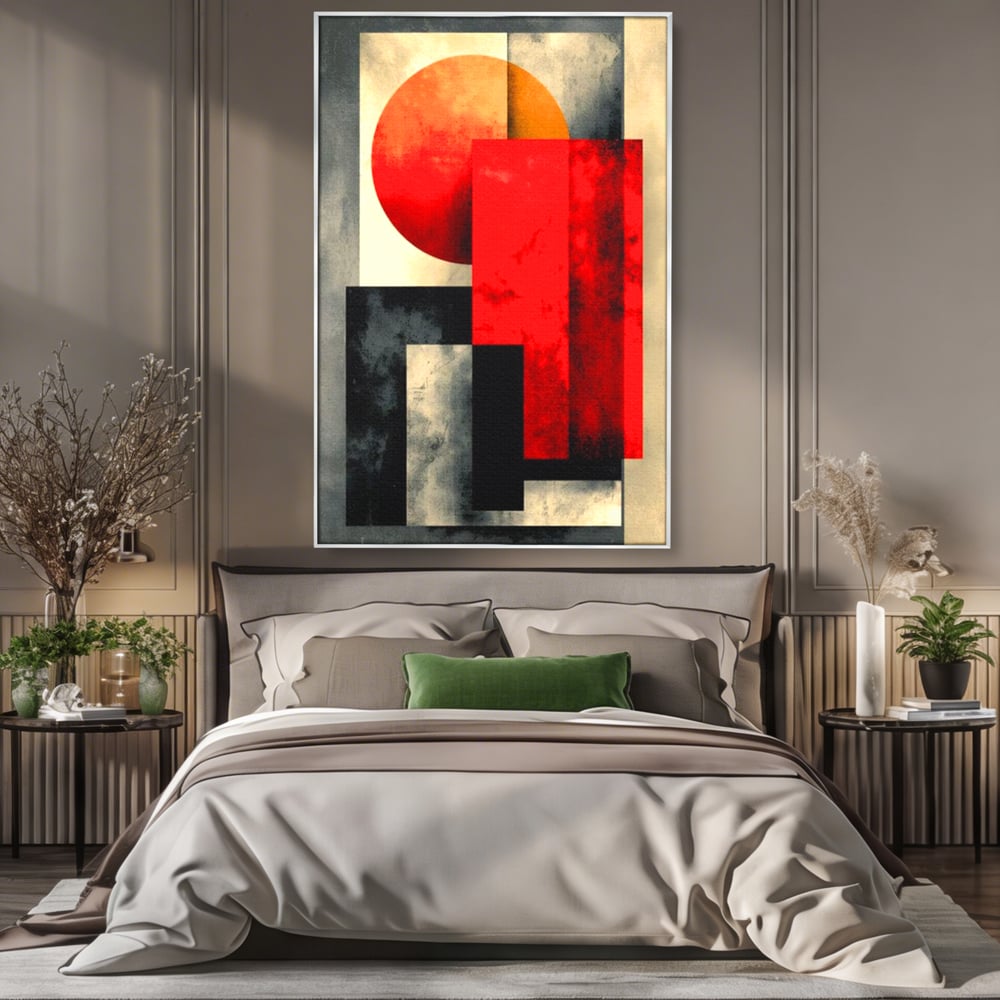 Tablou canvas cu tablou abstract geometric cu soare rosu, in rama de aluminiu argintiu, pe perete intr-un dormitor